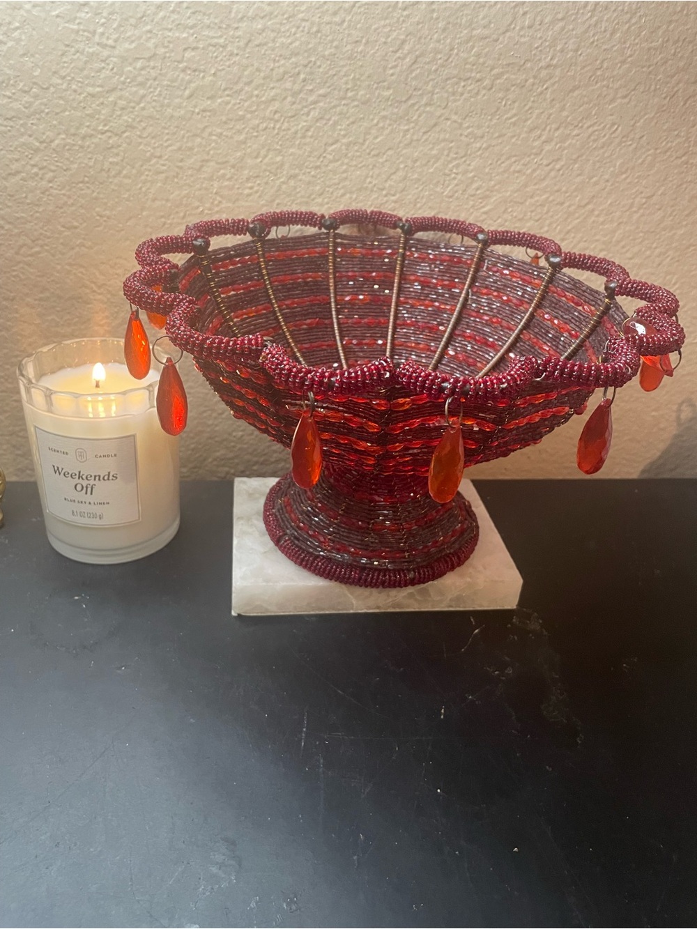 Handmade 9” Red micro-beaded wire art pedestal fruit bowl or decorative basket
